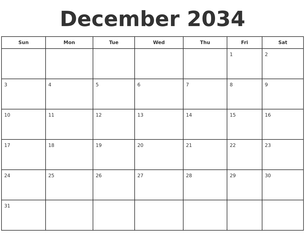 December 2034 Print A Calendar