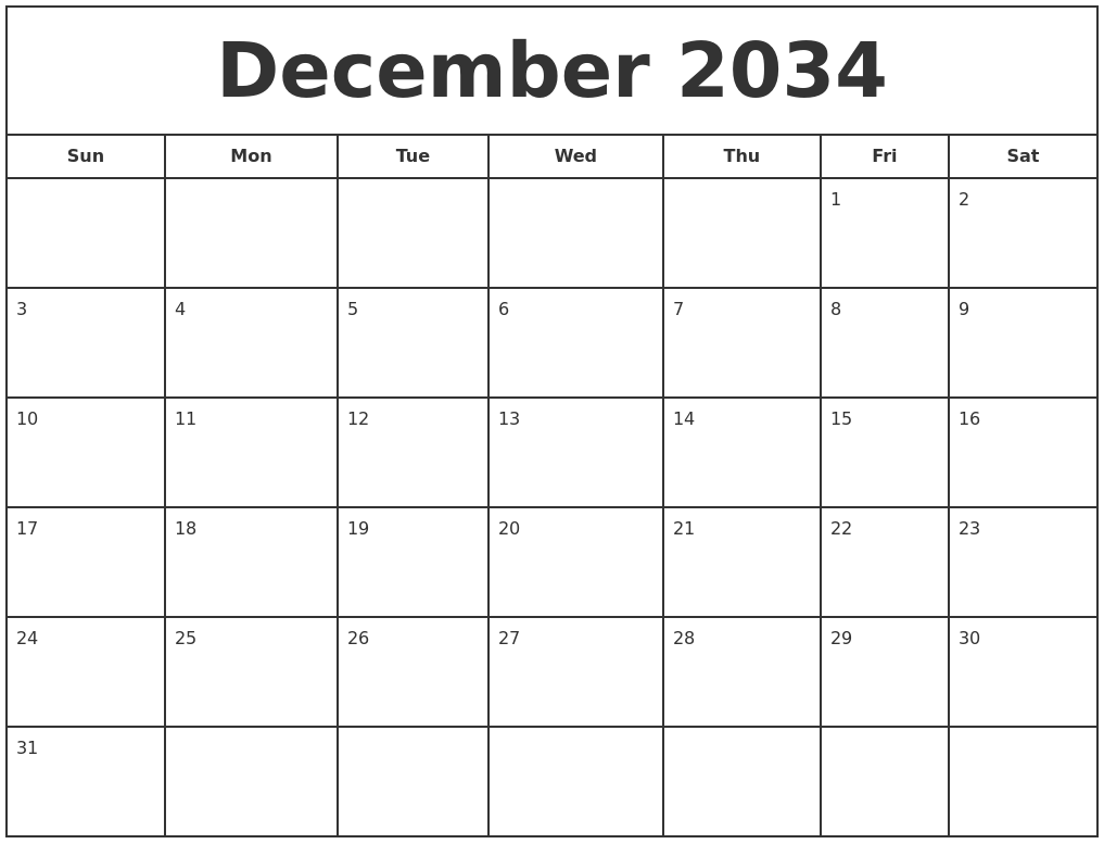 December 2034 Print Free Calendar