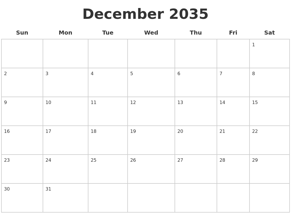 December 2035 Blank Calendar Pages