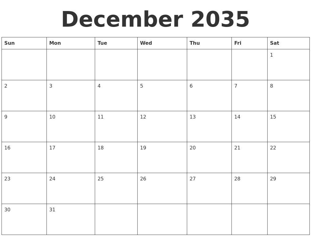 December 2035 Blank Calendar Template