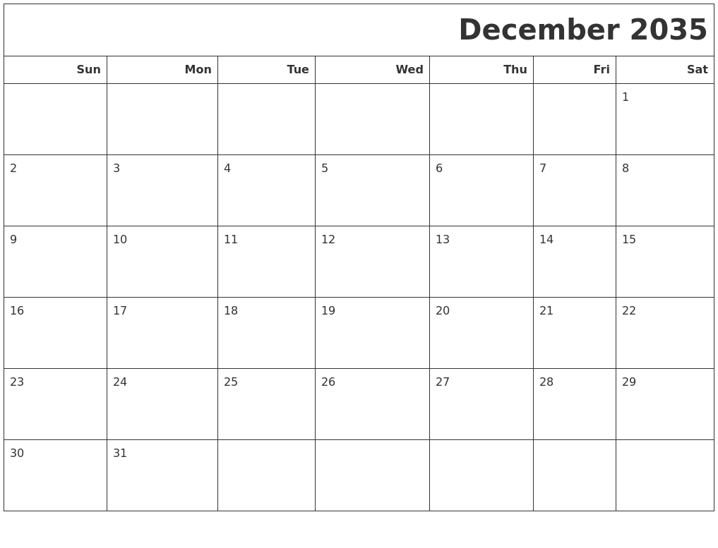 December 2035 Calendars To Print