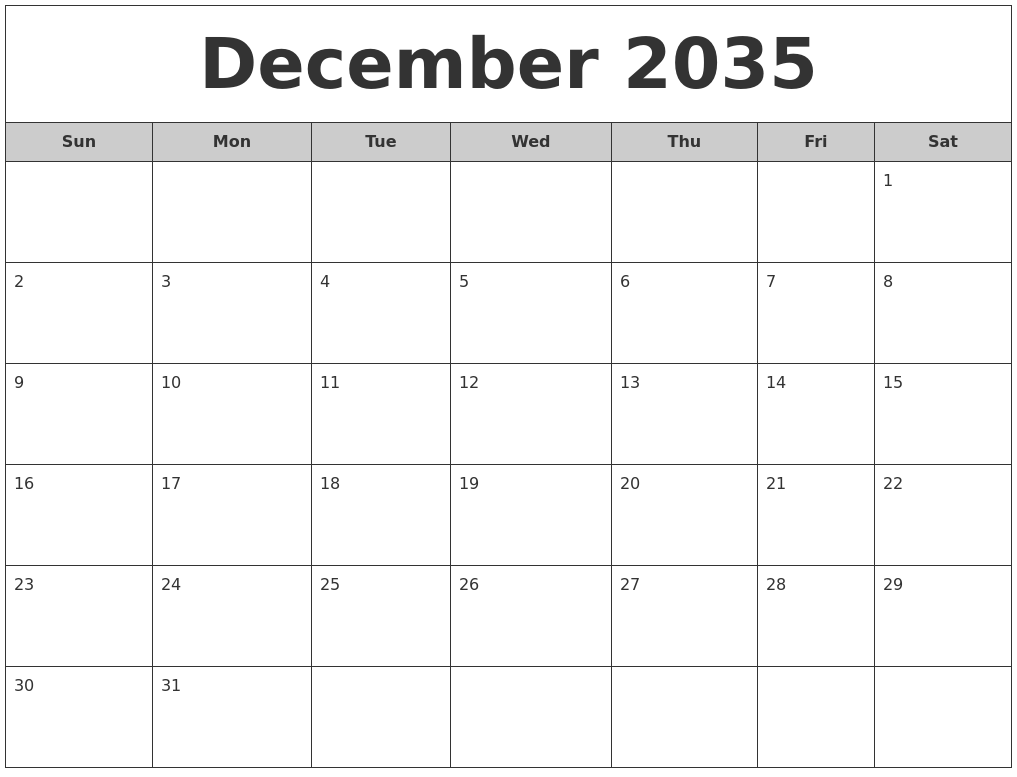 December 2035 Free Monthly Calendar