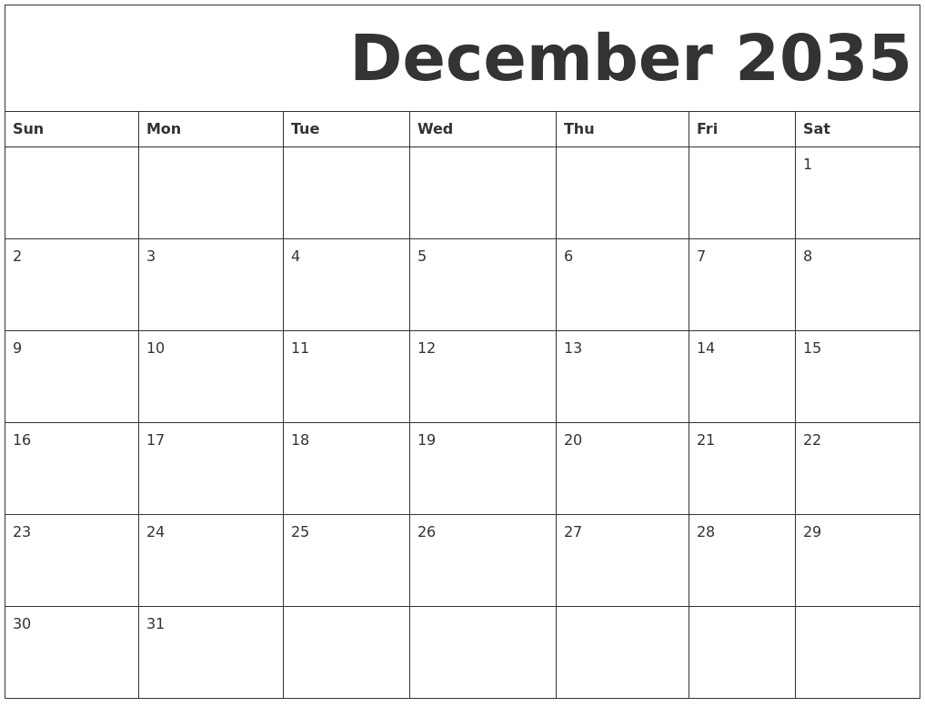December 2035 Free Printable Calendar