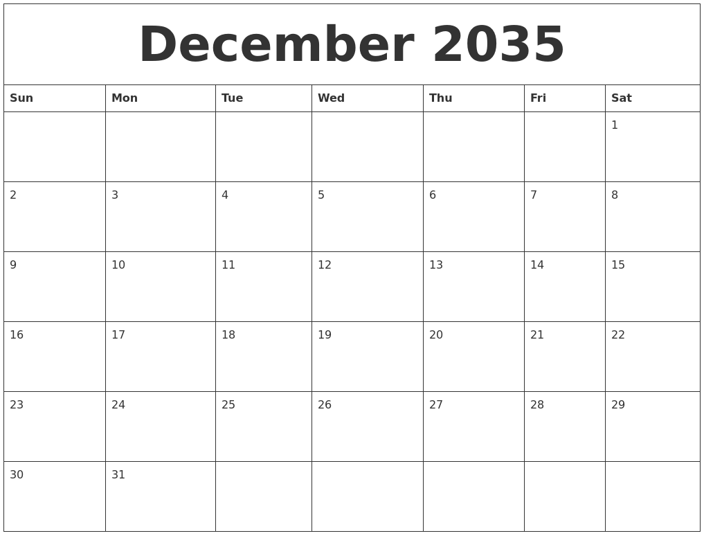December 2035 Free Weekly Calendar