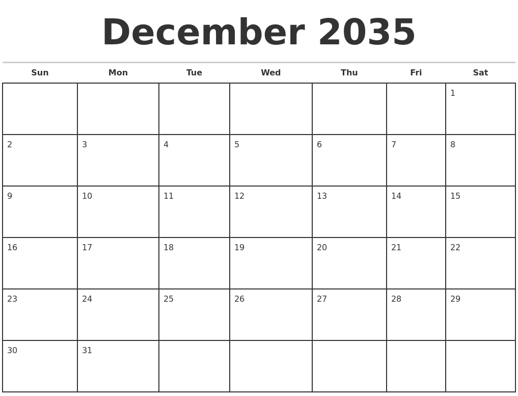 December 2035 Monthly Calendar Template
