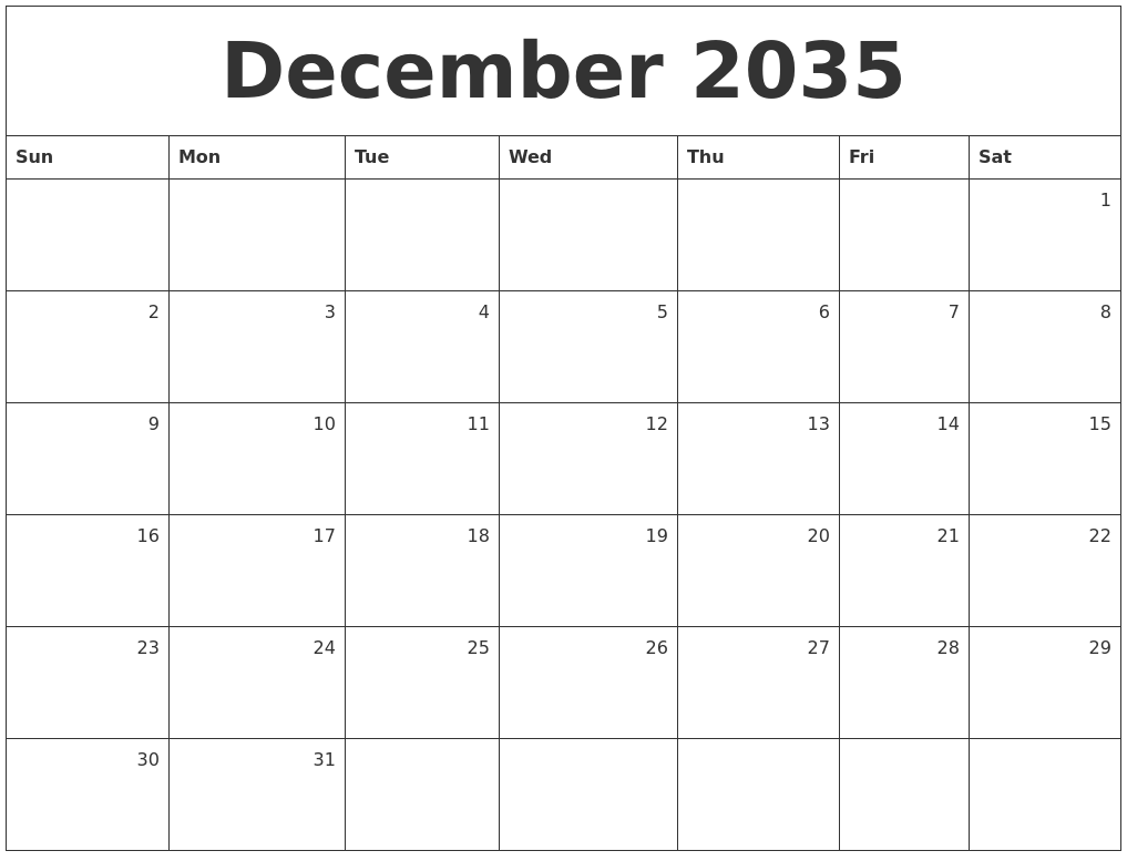 December 2035 Monthly Calendar