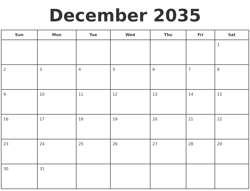 December 2035 Print A Calendar