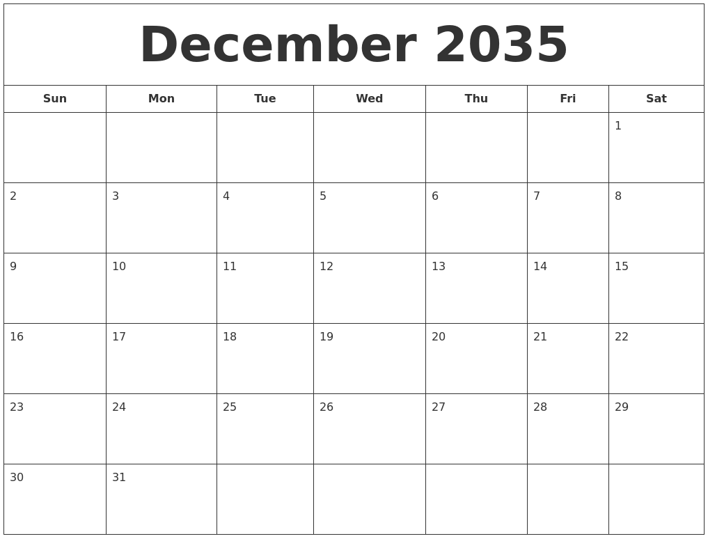 December 2035 Printable Calendar