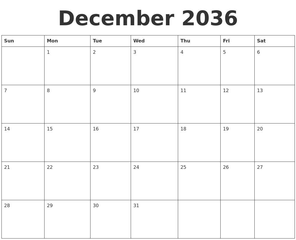December 2036 Blank Calendar Template
