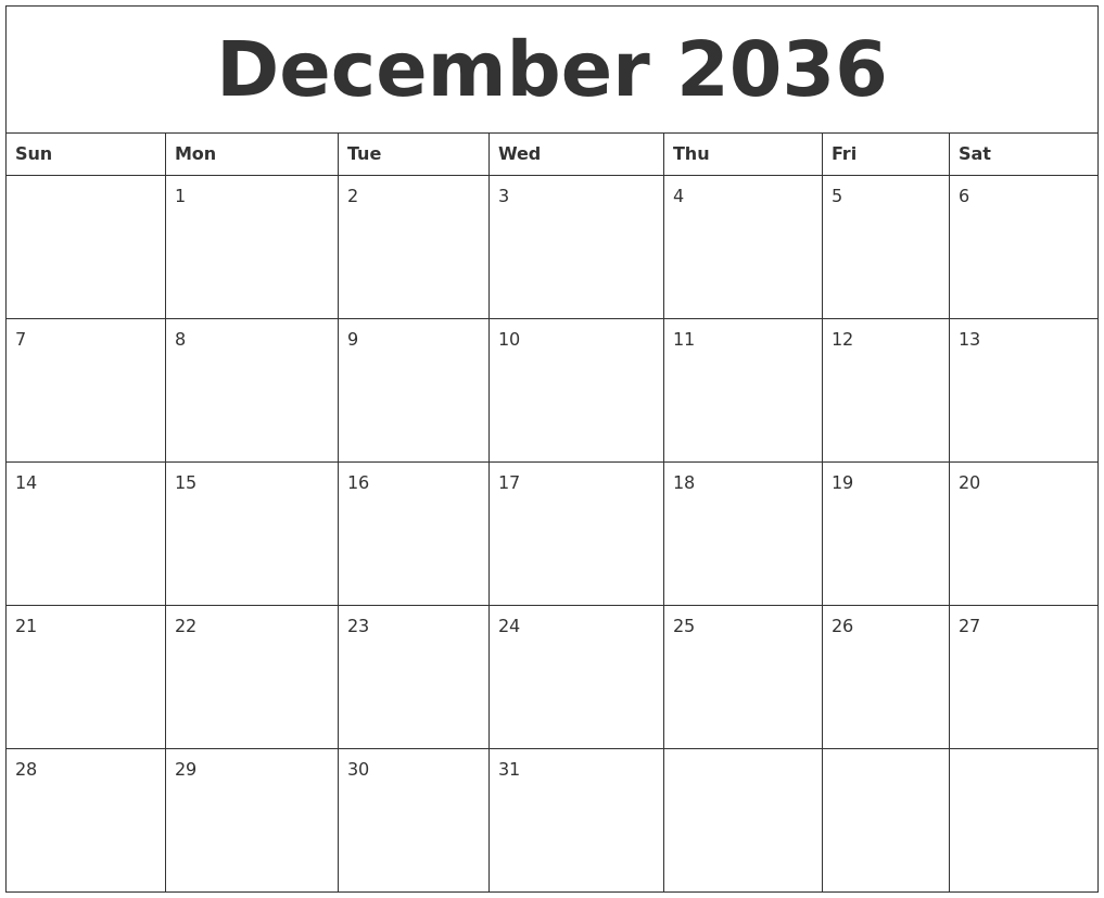 December 2036 Editable Calendar Template