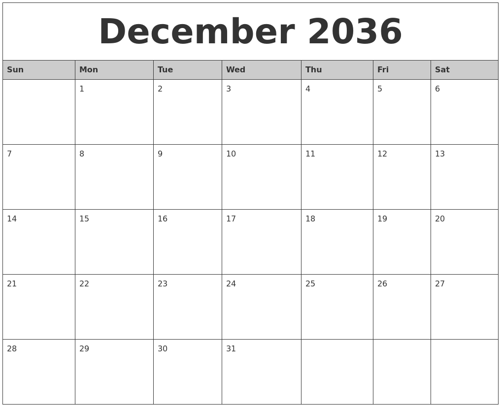 December 2036 Monthly Calendar Printable