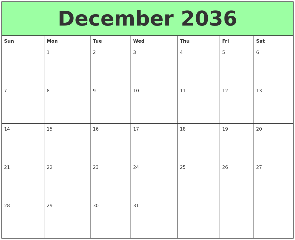 December 2036 Printable Calendars