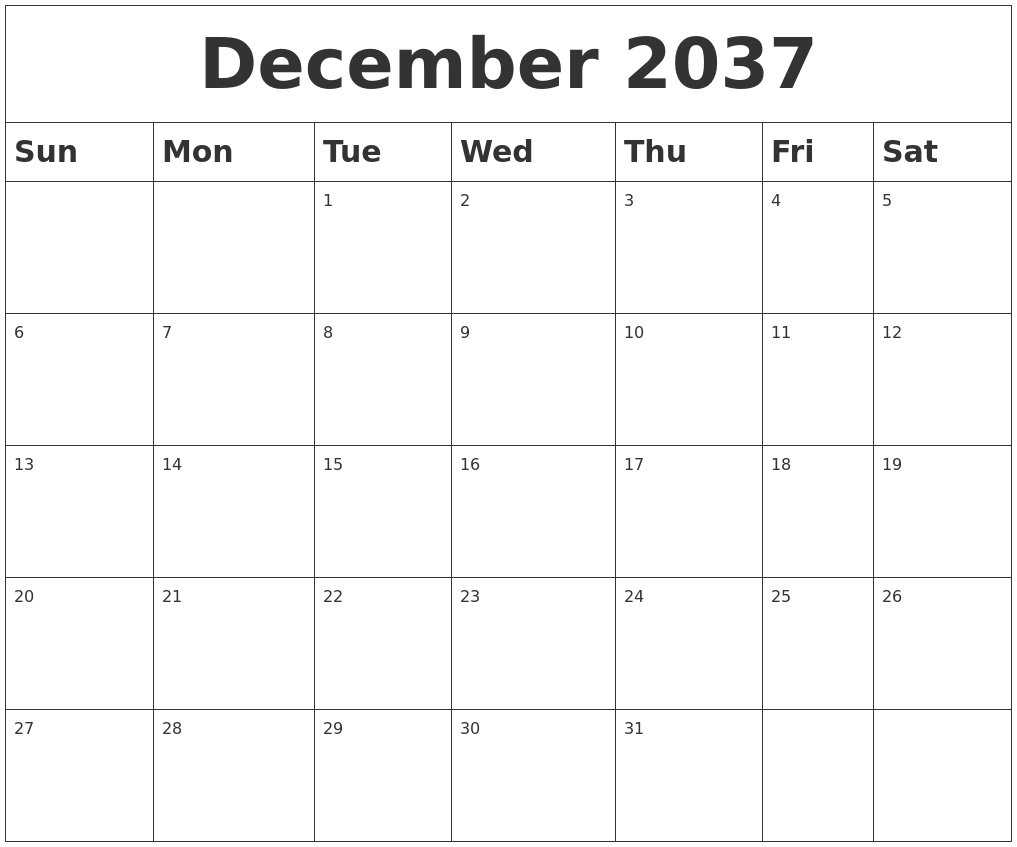 December 2037 Blank Calendar