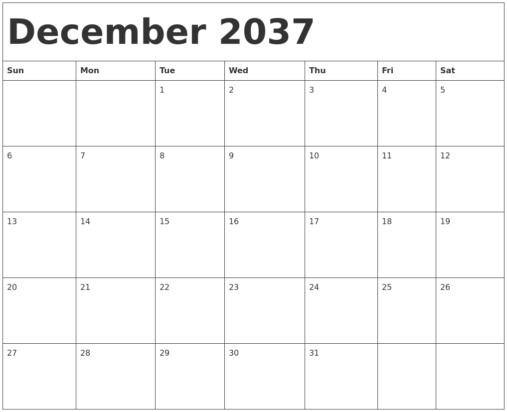 December 2037 Calendar Template