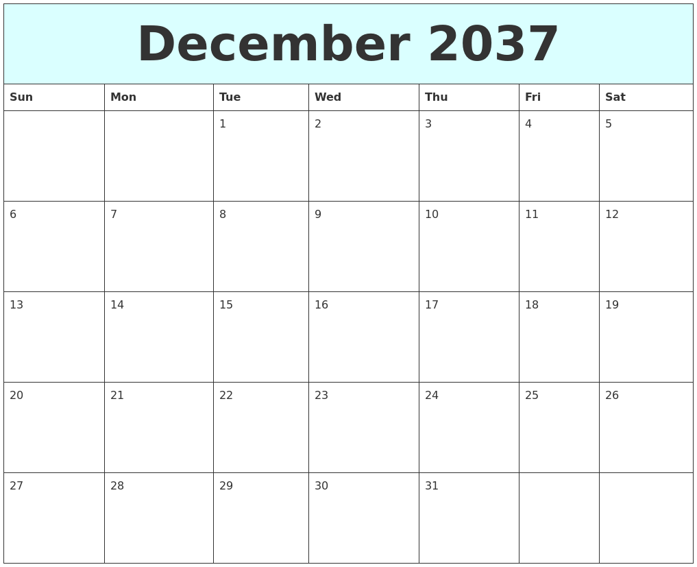 December 2037 Free Calendar