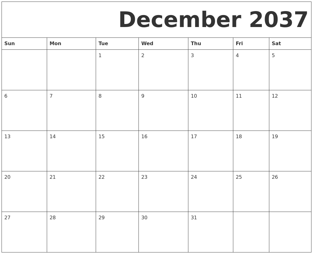 December 2037 Free Printable Calendar