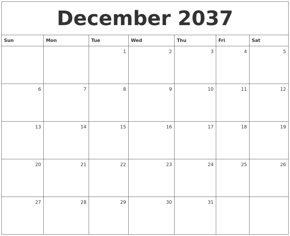 December 2037 Monthly Calendar