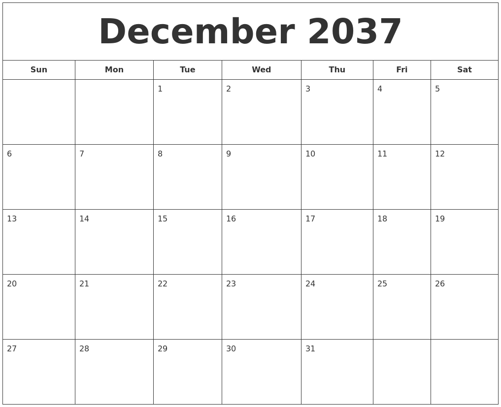 December 2037 Printable Calendar