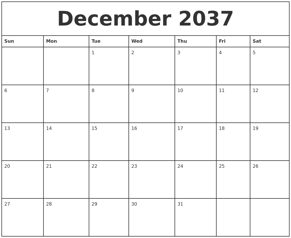 December 2037 Printable Monthly Calendar