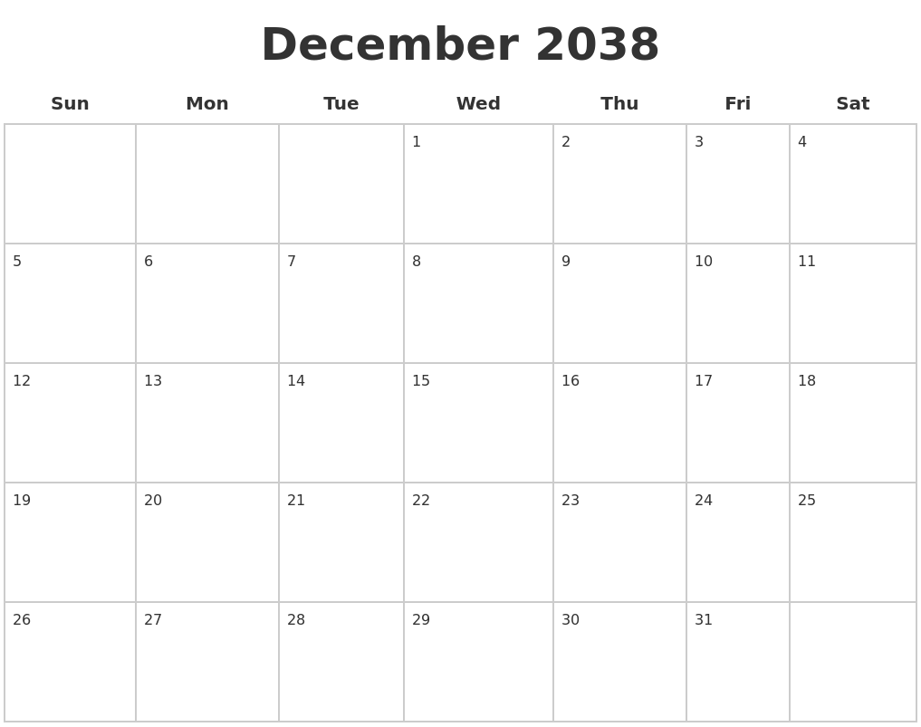 December 2038 Blank Calendar Pages