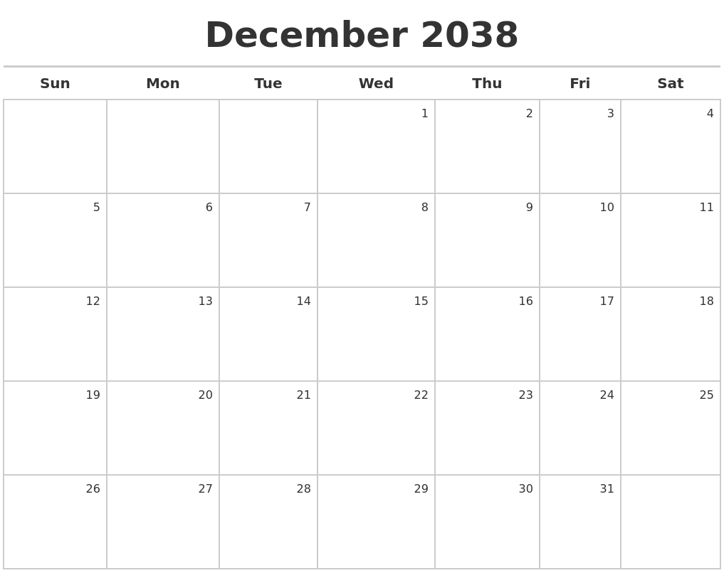 December 2038 Calendar Maker
