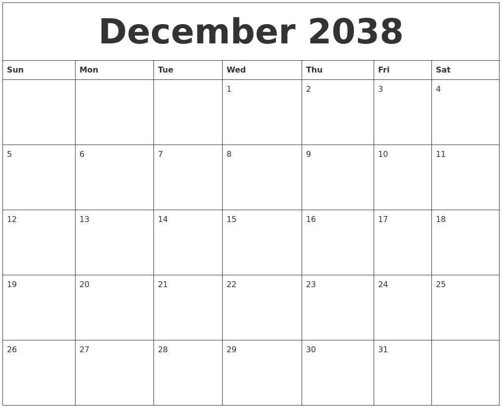 December 2038 Calendar Printable Free