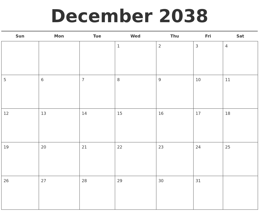 December 2038 Free Calendar Template