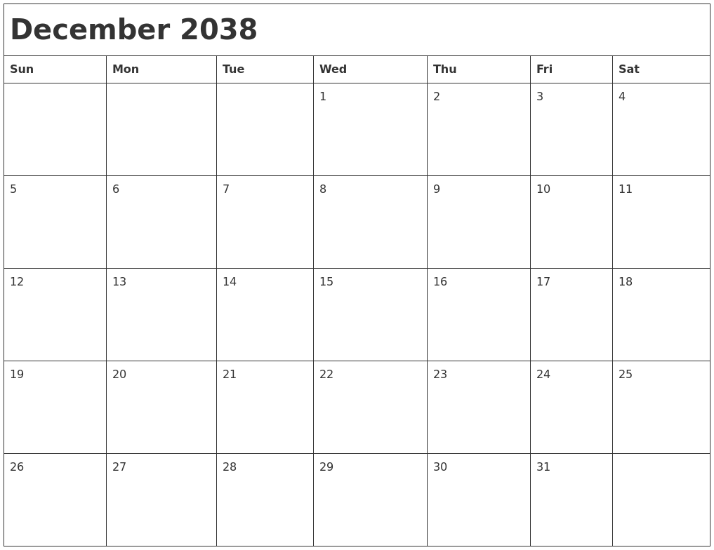 December 2038 Month Calendar