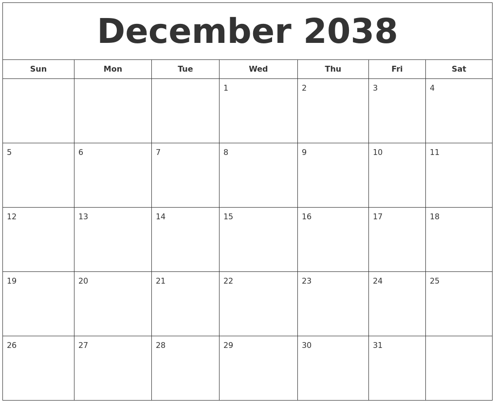 December 2038 Printable Calendar