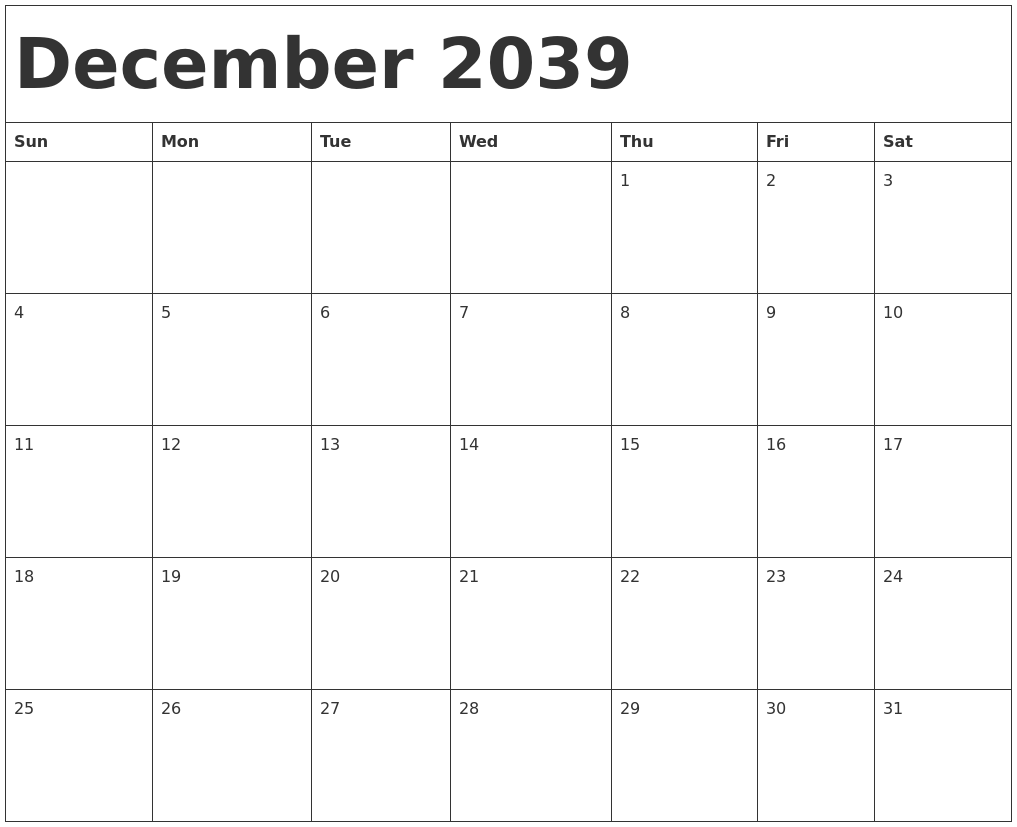 December 2039 Calendar Template