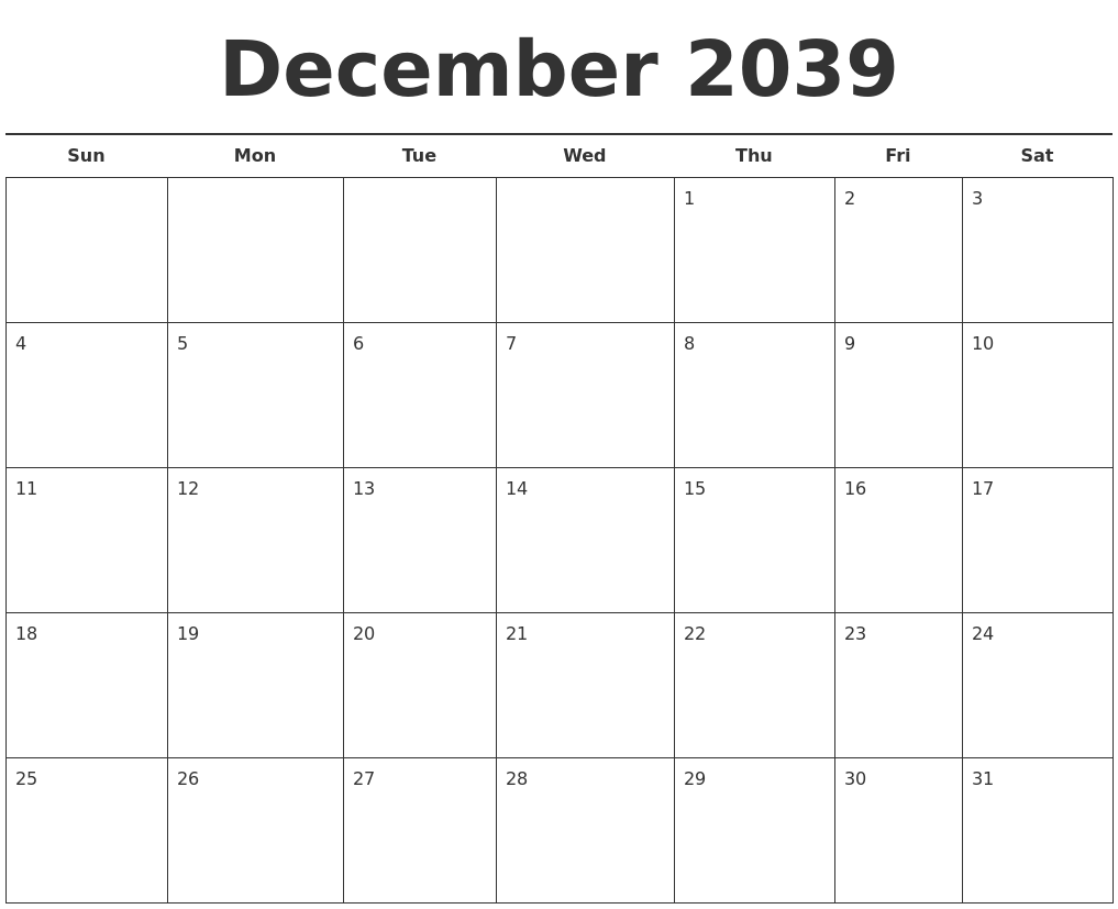 December 2039 Free Calendar Template