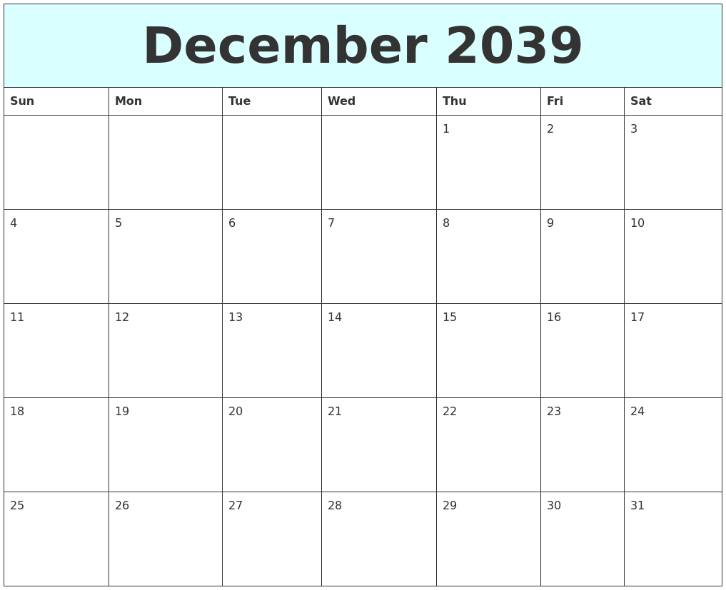 December 2039 Free Calendar