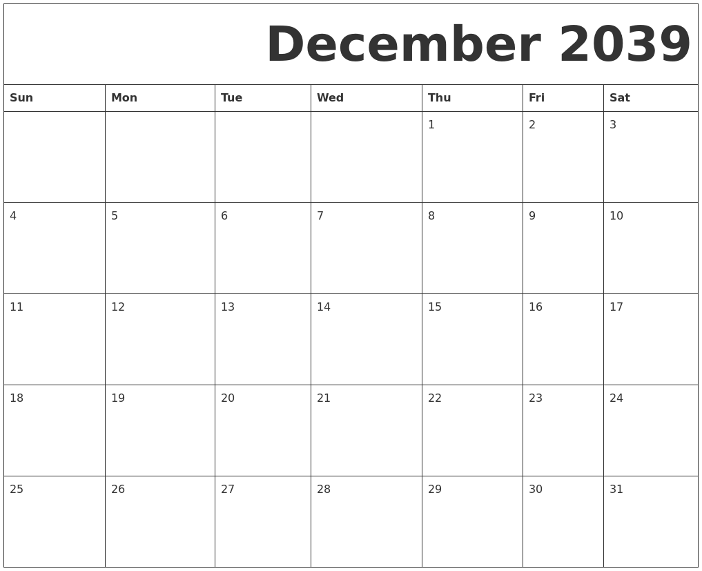 December 2039 Free Printable Calendar