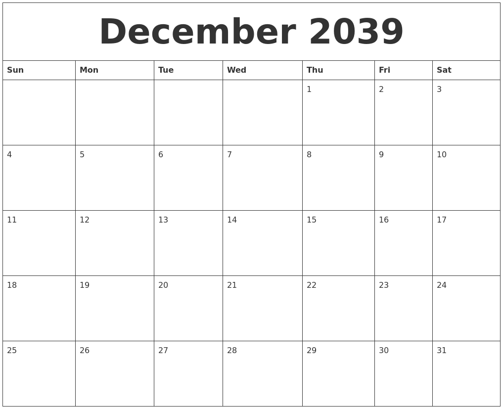 December 2039 Free Weekly Calendar