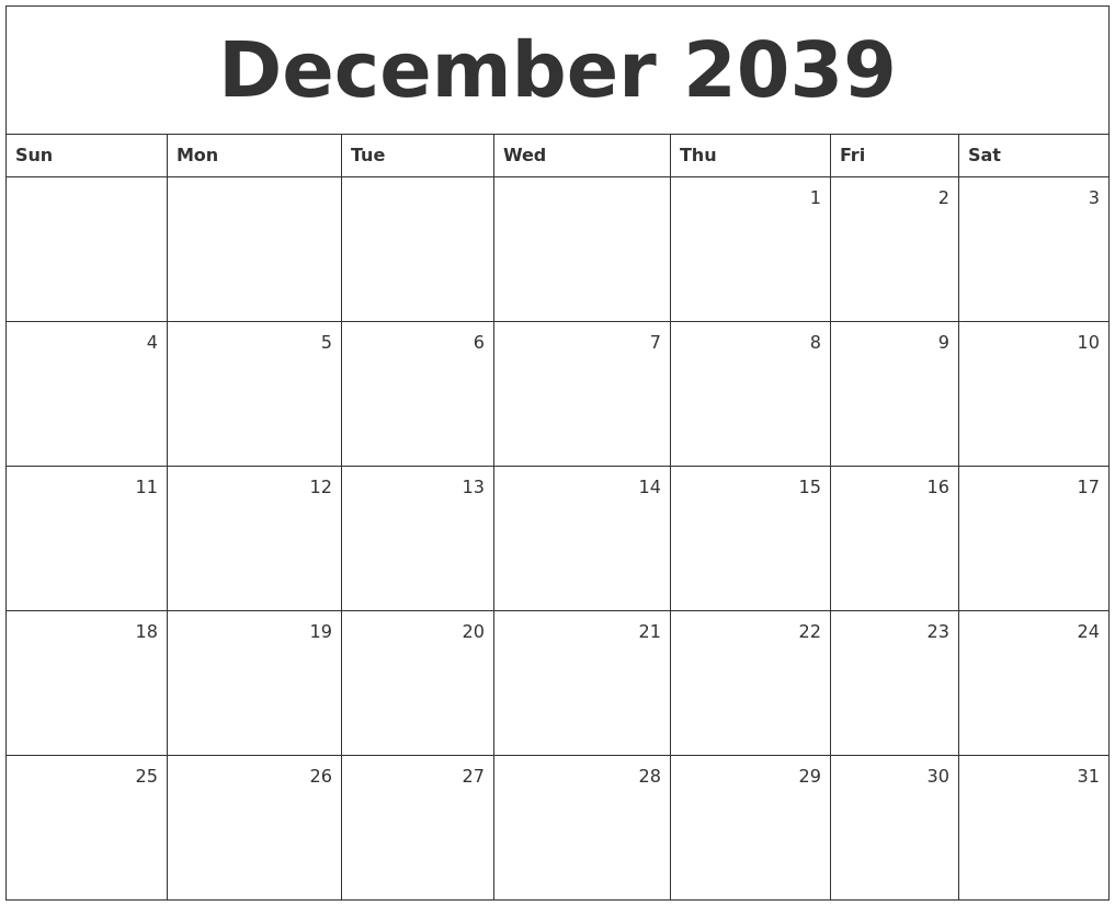 December 2039 Monthly Calendar