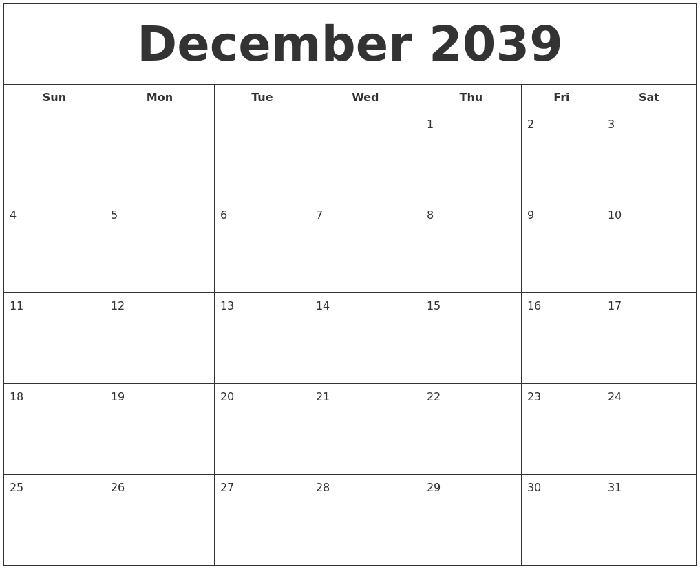 December 2039 Printable Calendar