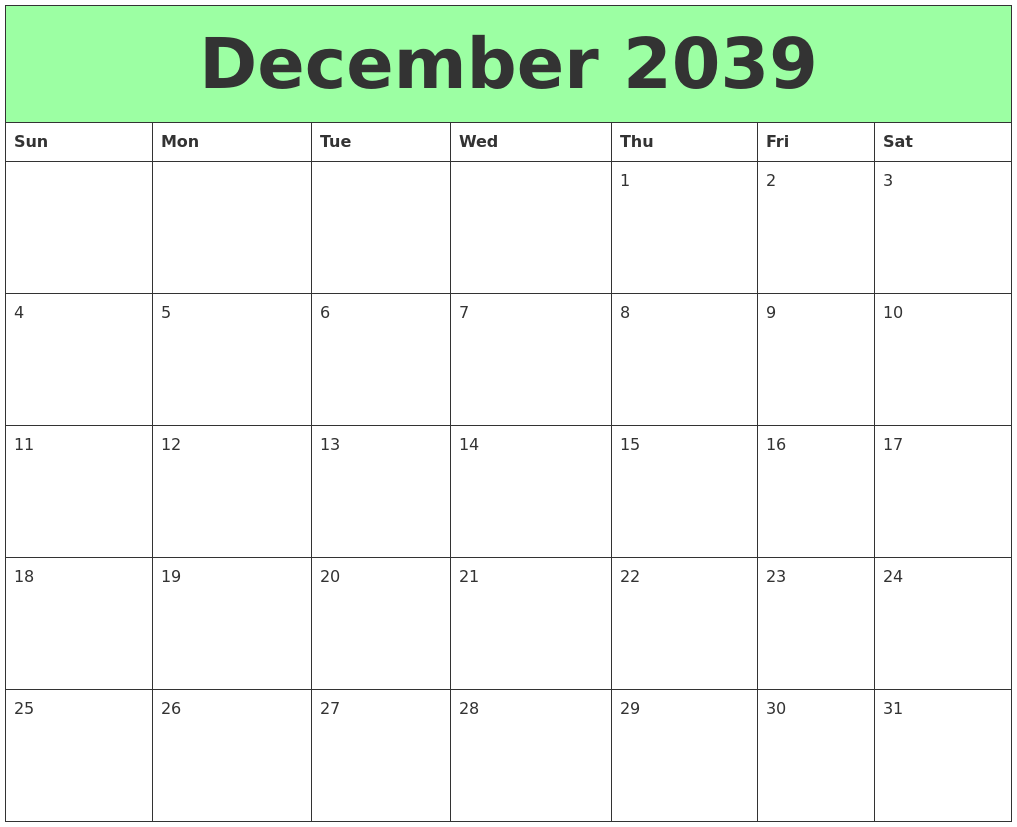 December 2039 Printable Calendars