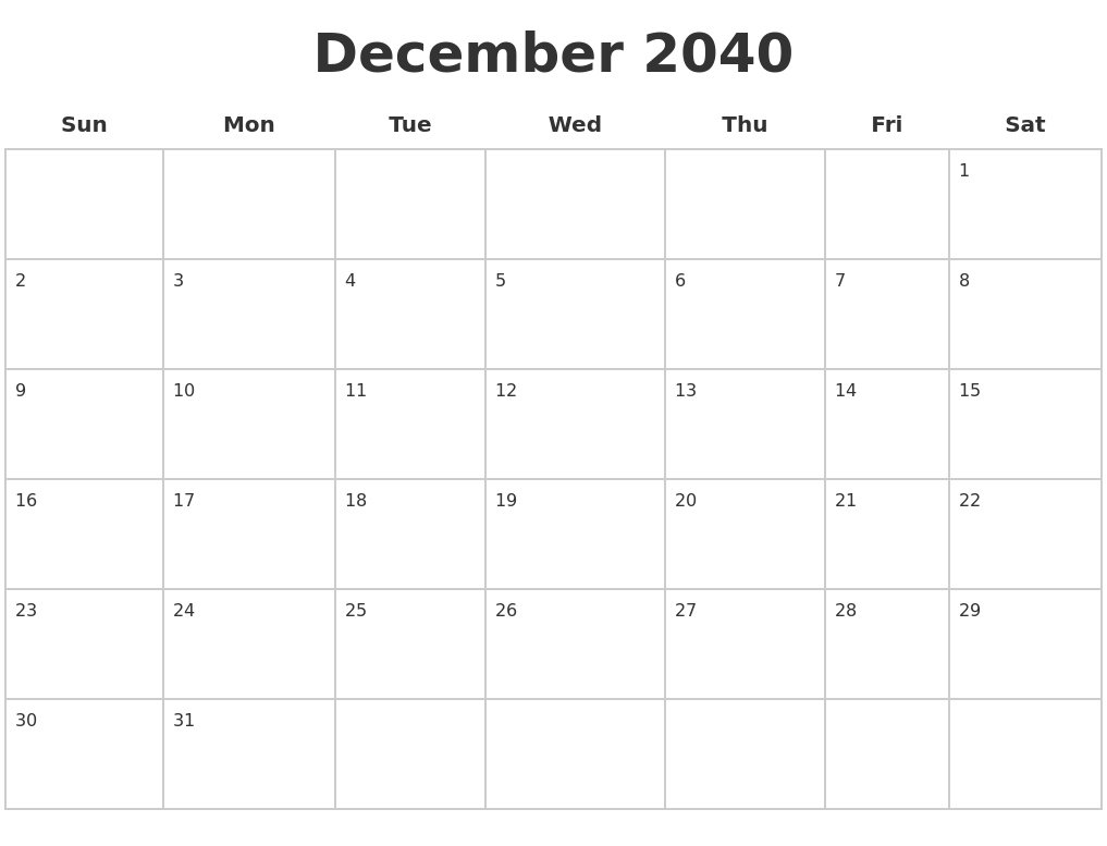 December 2040 Blank Calendar Pages