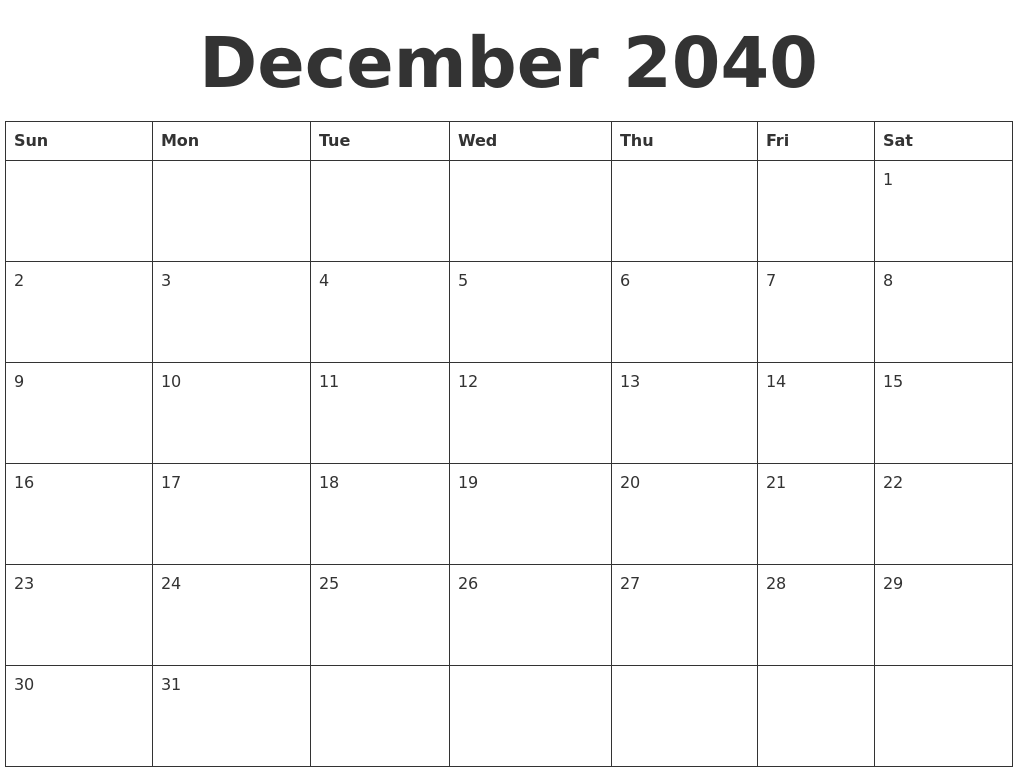 December 2040 Blank Calendar Template