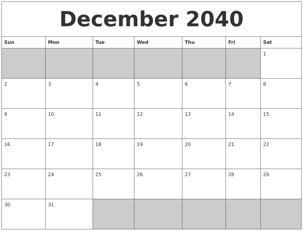 December 2040 Blank Printable Calendar