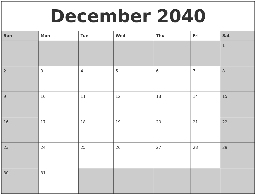 December 2040 Calanders