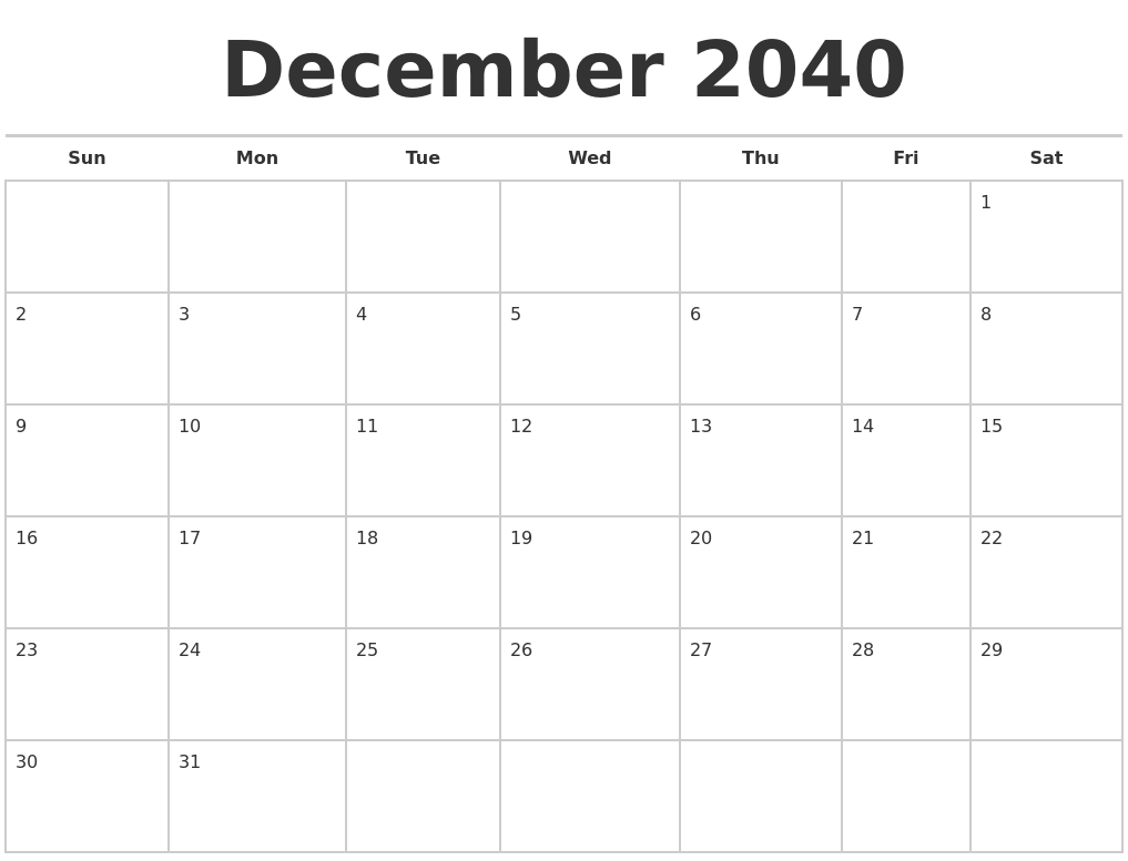 December 2040 Calendars Free