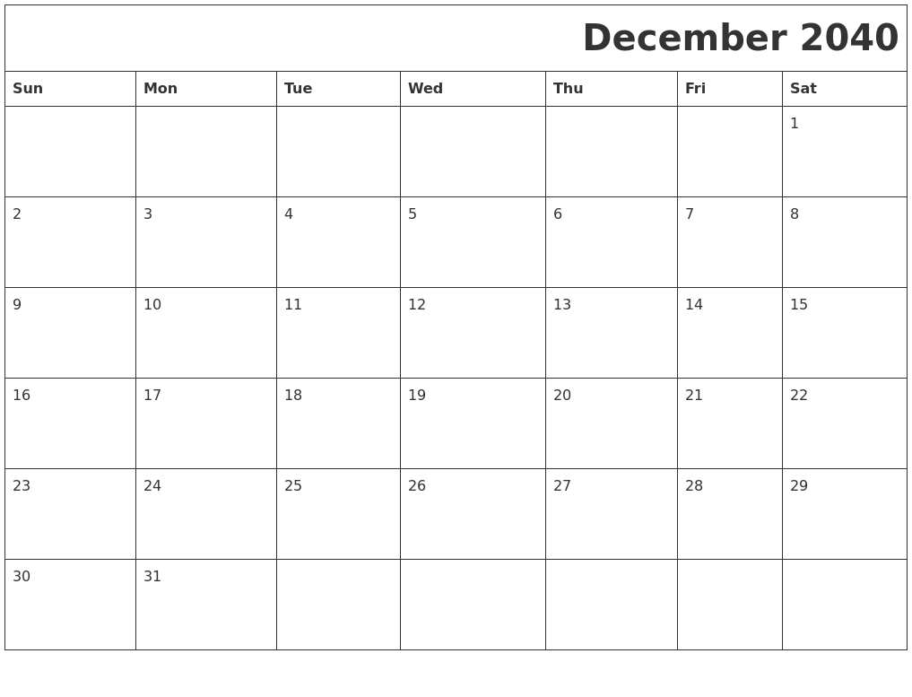 December 2040 Download Calendar