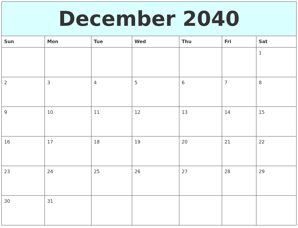 December 2040 Free Calendar