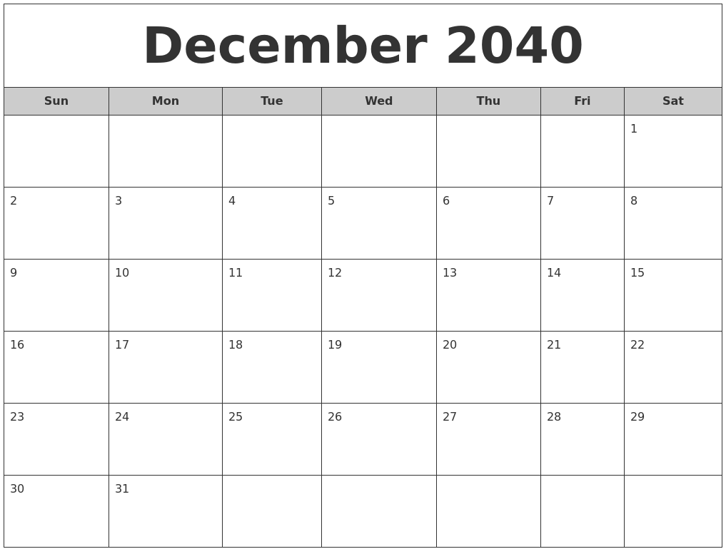 December 2040 Free Monthly Calendar
