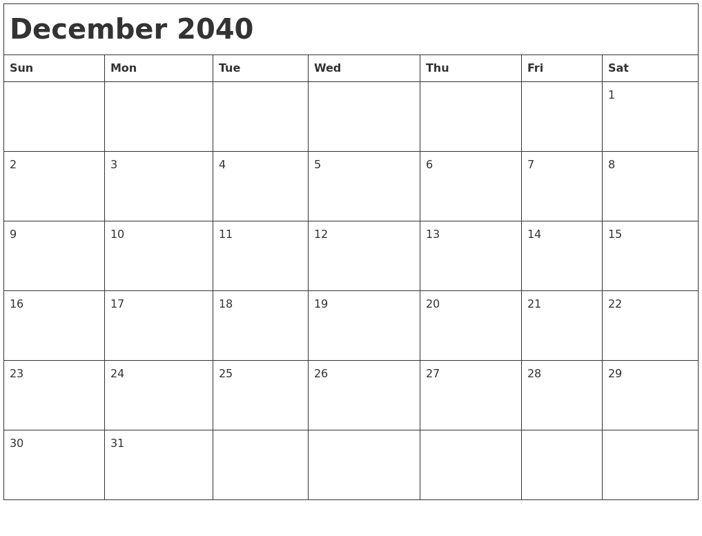 December 2040 Month Calendar