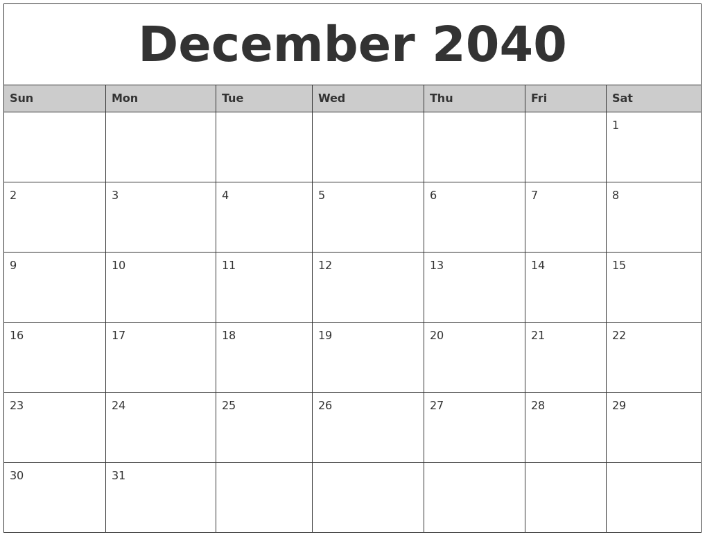 December 2040 Monthly Calendar Printable