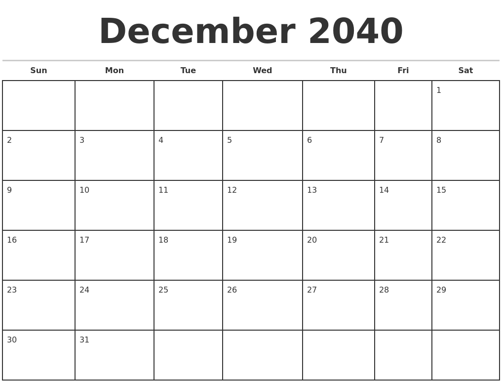 December 2040 Monthly Calendar Template