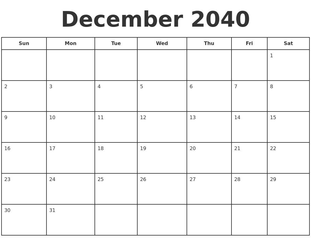 December 2040 Print A Calendar