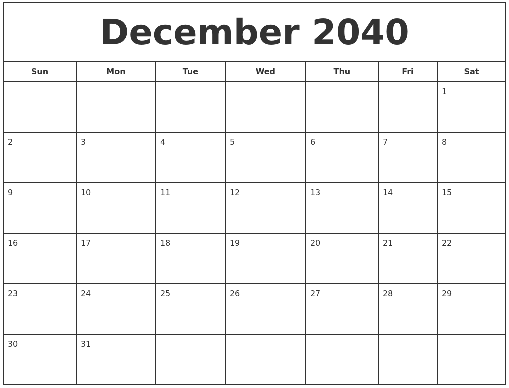 December 2040 Print Free Calendar